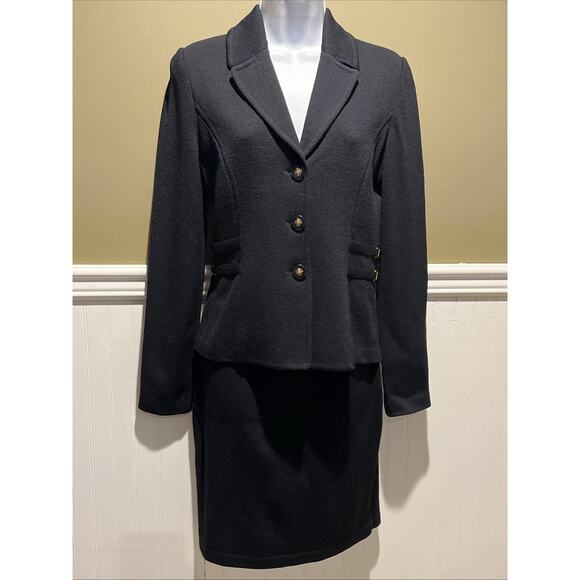 Vtg St John 2pc Skirt Suit Black Santana Knit Button Front Jacket Size 2 Buckles - Picture 1 of 12